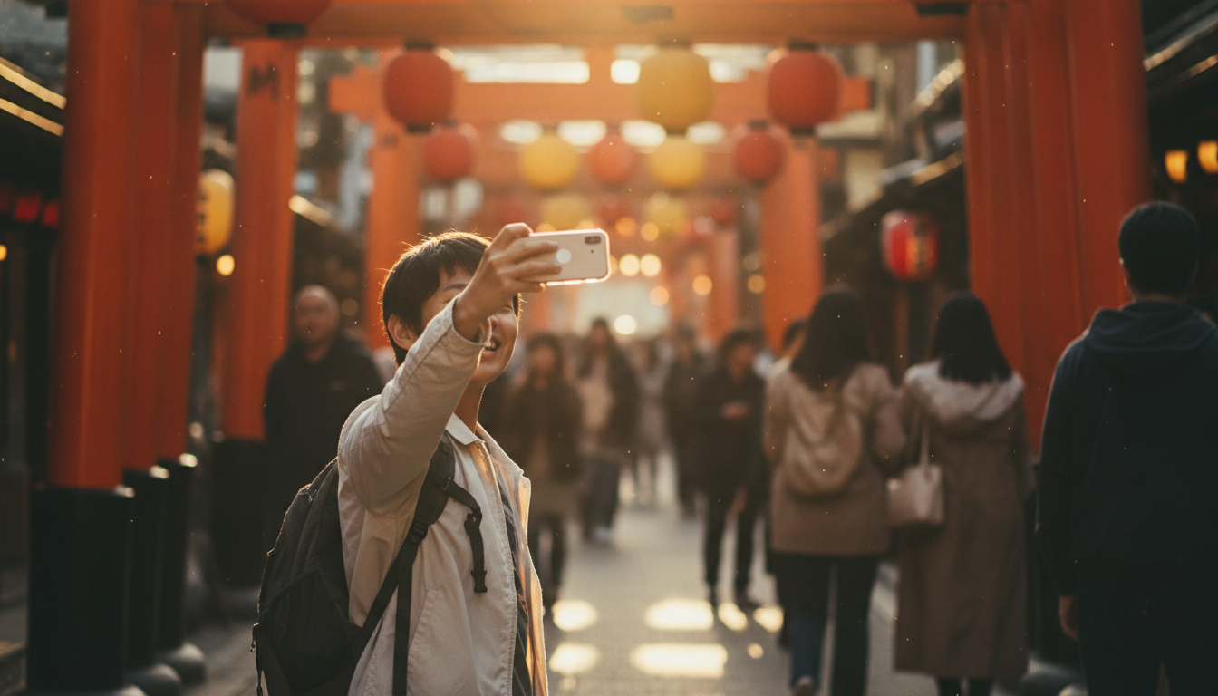 Voyageur utilisant son smartphone dans une rue de Kyoto